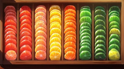 Colorful Arrangement of Sliced Fruits in Neat Wooden Tray Display