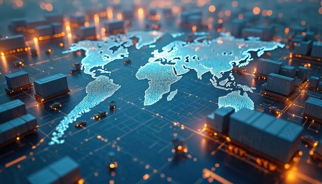 Digital logistics hub illustrates global shipping with automated data management, worldwide connectivity. Features cargo containers, trucks, world map visualization, efficient supply chain