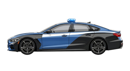 Blue and Black Modern Police Car Illustration with Flashing Light on Transparent Background – Law Enforcement Vehicle