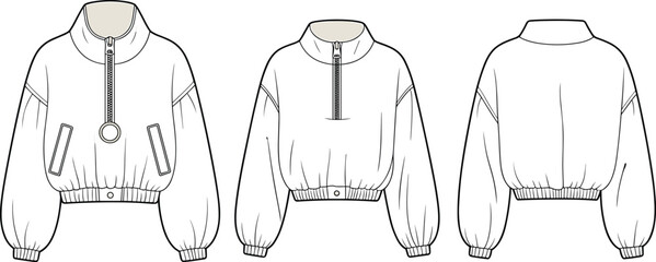 Women’s bomber jacket, cropped style, half zip and full zip designs, high collar, front and back view, fashion flat sketch, apparel vector template © Md