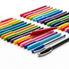 Fototapeta premium A vibrant assortment of multicolored ballpoint pens arranged neatly for office or school work on a clean white background.