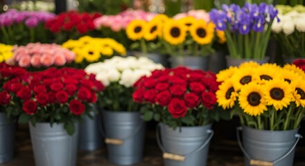 Vibrant assortment of fresh flowers in metal buckets
