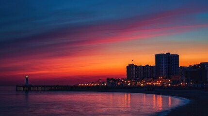 Obraz premium A sunset view of the ocean and buildings