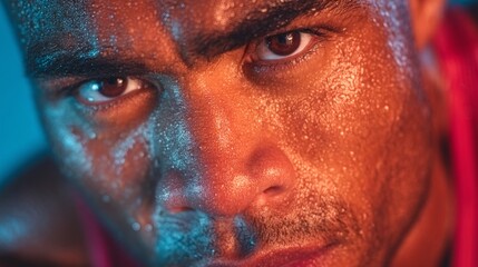 Closeup portrait of a sweaty, determined mans face, showing intense focus and grit after a vigorous workout or athletic performance