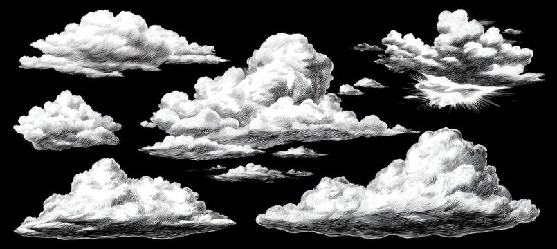 Detailed black and white illustration of various cumulus clouds against a black background - Powered by Adobe