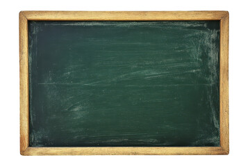 Empty green chalkboard with a wooden frame, isolated on transparent background