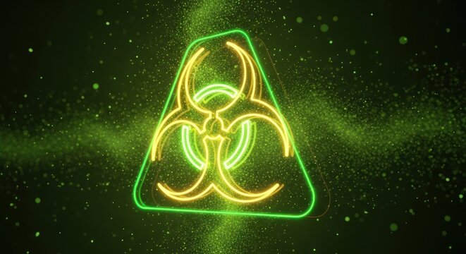 Glowing Neon Biohazard Symbol on Dark Background with Particles