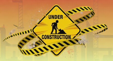 Under Construction Sign with Caution Tape and Construction Site Background