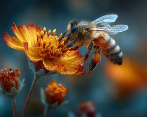 Naklejka premium A honeybee pollinating a vivid wildflower up close, full of detail and warmth