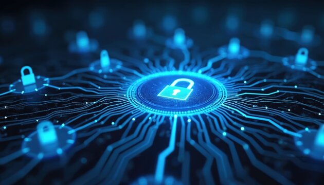 Digital illustration of cybersecurity initiatives featuring central glowing padlock symbol connected by circuit lines to multiple smaller padlocks. Abstract representation critical infrastructure