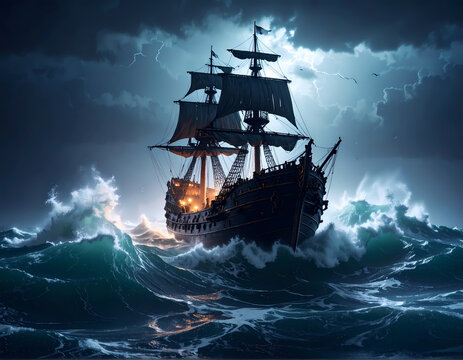 Dramatic old sailing ship battles perilous storm at sea during dark night. wooden vessel navigates huge ocean waves under sky filled with lightning and cloud