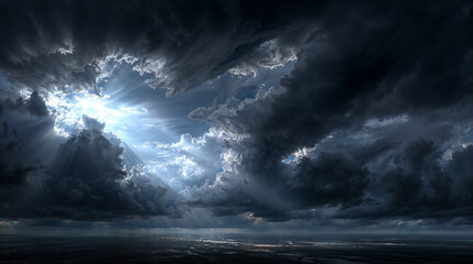 Dramatic cloud formations with sunlight breaking through over a calm ocean during twilight