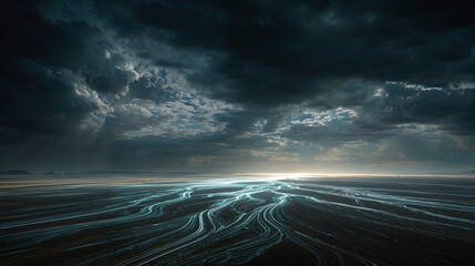 Stormy sky over illuminated desert landscape at dusk creates a surreal atmosphere and dramatic scenery