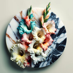 Beautifully arranged flowering gladiolus on a marble platter showcasing vibrant colors and intricate details in a minimalist setting