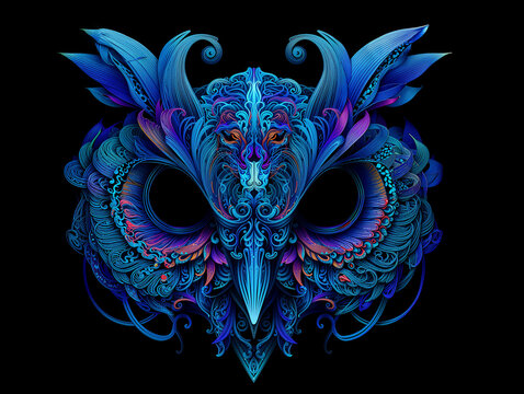 Intricate and colorful mask design featuring vibrant blue and purple hues in an abstract style