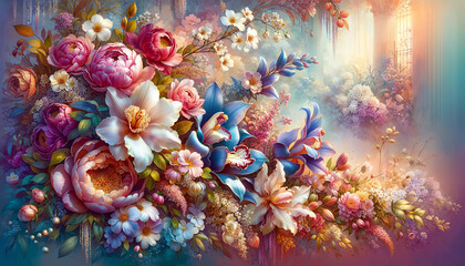 Vibrant floral arrangement featuring peonies, orchids, and other blossoms in a colorful background