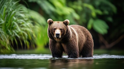Majestic Brown Bear Standing in Tranquil River Surrounded by Nature