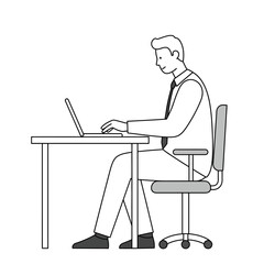 Side view of a man in a shirt and tie working on a laptop at an office desk.
