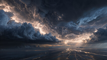 Dramatic storm clouds illuminate the sky over a serene landscape at twilight