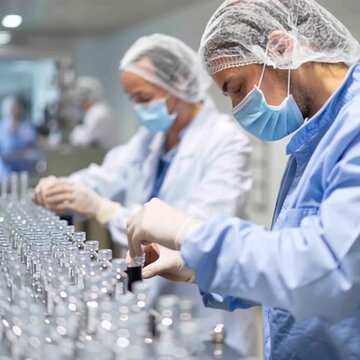 create workers in a factory packaging peptides make sure you are able to see the vials