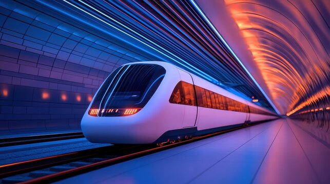 Hyperloop train travelling at high speed through a tunnel View from the front of a hyperloop train, tunnel lights rushing towards the viewer.