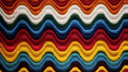 Colorful knitted wool fabric with wavy pattern creating vibrant texture
