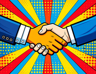 Pop art comic book style handshake showing successful business agreement. Two hand shaking on vibrant retro background with sunburst effect and halftone dot pattern