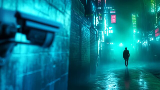 Security camera mounted on brick wall observing lone figure walking through futuristic cyberpunk-style street with neon green and blue lighting. Blurred silhouette moves through misty urban corridor.