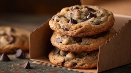a box of chocolate chip cookies with a few pieces of chocolate
