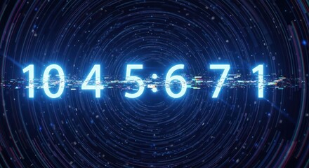 Glowing Numbers 10 4 5 6 7 1 on Abstract Blue Background with Concentric Circles