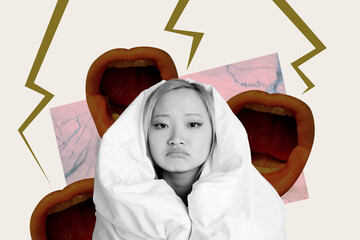 Composite 3D collage trend artwork design of big mouth scream young lady sit upset bullying harassment domestic hate violence crime stop