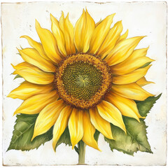 Naklejka premium A vibrant yellow sunflower with detailed petals and green leaves, a beautiful botanical illustration isolated on transparent background