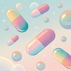 Colorful pastel capsules and iridescent bubbles floating in a soft gradient sky with clouds