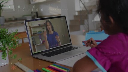 Student starting online lesson for study, writing notes while binary overlays growing around screen - Powered by Adobe