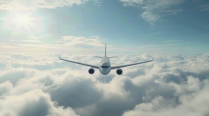 airplane flies above fluffy white clouds under bright sky. It evokes a feeling of freedom and adventure.