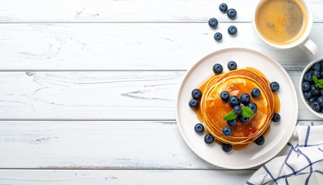 Delicious homemade pancakes with fresh blueberries and maple syrup for breakfast on a white wooden table. Top view with copy space.