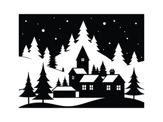 Fototapeta premium Christmas village silhouette black and white
