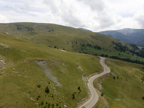 Aerial view of the Transalpina road in Romania. The Transalpina, or DN67C, is a 148-km national road located in the Carpathians. It is the highest road in Romania.