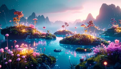 Mystical dreamscape of a fantasy world with glowing mushroom islands on a tranquil lake at twilight.