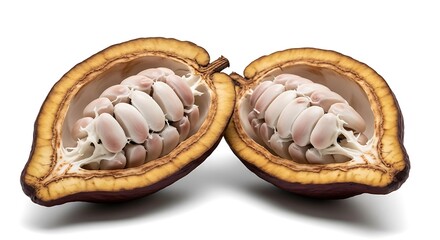 Fototapeta premium Freshly cut cocoa pod revealing white beans and pulp