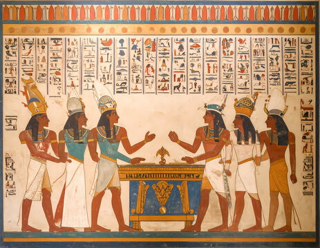 Ancient egyptian art mural painting inside pharaoh tomb depicts solemn scene with god figures and hieroglyph writing. wall decoration shows sacred historic ritual