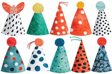 Obraz premium Colorful party hats arranged in a fun, playful layout, featuring various patterns and designs, perfect for celebrations and festive occasions.