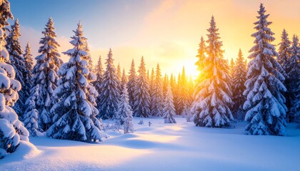 Golden Sunrise Illuminates Snow-Covered Pine Forest Landscape