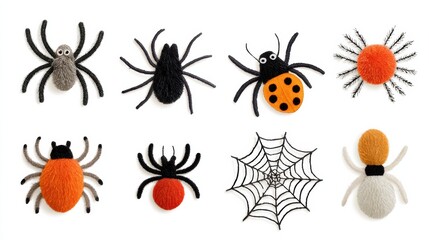 A colorful collection of spider-themed decorations, featuring various designs including a web, showcasing creativity and Halloween vibes.