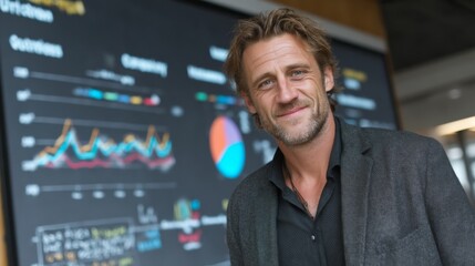 Fototapeta premium Smiling businessman in front of a large screen displaying business analytics charts and graphs, representing datadriven decision making and success