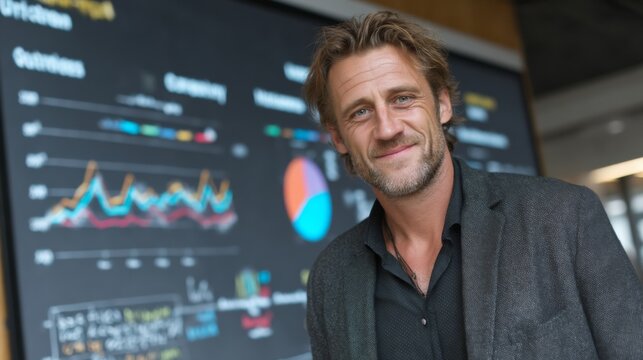 Smiling businessman in front of a large screen displaying business analytics charts and graphs, representing datadriven decision making and success