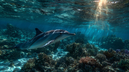 Obraz premium A dolphin swimming in the sea silhouette.