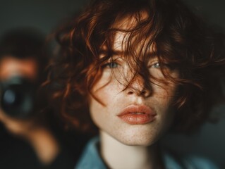 Closeup portrait of a young woman with red curly hair and freckles, looking directly at the camera with a soft expression, wearing a dark sweater