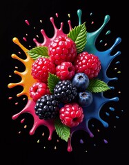 Fresh fruits on colorful splash isolated on black background