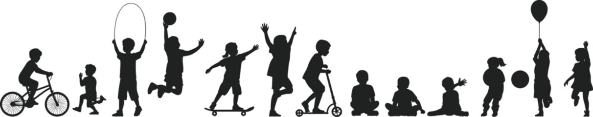 Children silhouette playing, riding bikes, skipping rope, holding balloons, outdoor fun vector, kids activity illustration, playground scene, childhood recreation, black isolated figures